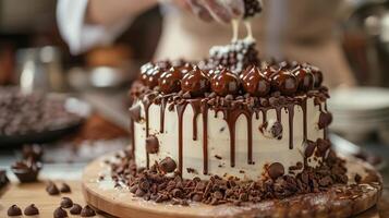 ai generiert Weiß Kuchen mit Koch Hand Hintergrund foto