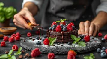 ai generiert Schokolade Kuchen mit Koch Hand Hintergrund foto