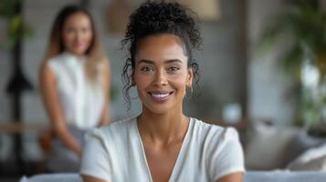 ai generiert Frau mit Brille Sitzung im Vorderseite von Menschen foto