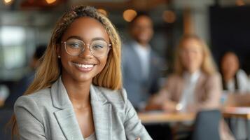 ai generiert Frau mit Brille Sitzung im Vorderseite von Menschen foto