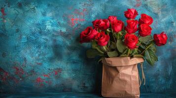 ai generiert braun Papier Tasche gefüllt mit rot Rosen foto