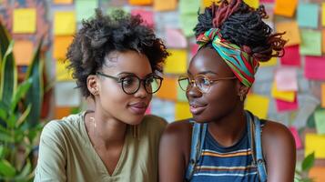 ai generiert zwei Frauen Sitzung Nächster zu jeder andere im Vorderseite von ein bunt Mauer foto