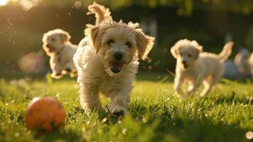 ai generiert Welpen tummeln auf üppig Grün Gras mit Ball, Schwänze wedeln mit Aufregung foto