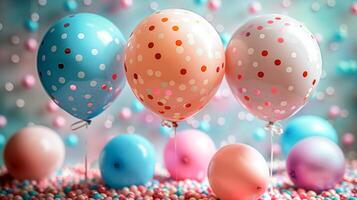 ai generiert ein Geburtstag Party mit Luftballons und Ballon Pastell- Dekorationen, minimalistisch Stil, fotorealistisch , ai generiert foto