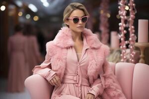 ai generiert modisch Frau im Rosa Ensemble mit stilvoll Sonnenbrille, im ein Pelz Jacke, ausströmend Eleganz und modern Weiblichkeit gegen ein Hintergrund von Raffinesse foto