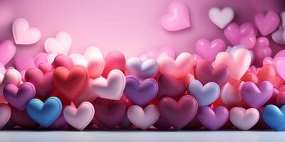 ai generiert ein Mauer dekoriert mit bunt 3d Herzen auf ein Rosa Hintergrund. ein Mauer zum ein Valentinstag Tag Foto schießen. Banner mit Herzen. Kopieren Raum.