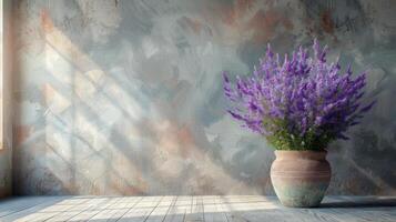 ai generiert Weiß Vase mit lila Blumen auf hölzern Fußboden foto