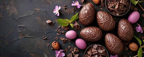 ai generiert sortiert Schokolade Ostern Eier mit kompliziert Designs sind verstreut auf ein dunkel Hintergrund mit Rosa Blumen, Gourmet behandeln zum ein festlich Gelegenheit. perfekt zum ein Luxus Ostern Thema. foto