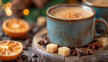 ai generiert Tasse mit Cappuccino, Orangen, Zimt und braun Zucker foto