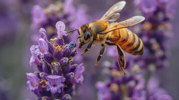 ai generiert Biene bestäubend Blume schließen oben foto