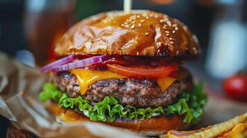 ai generiert klassisch Hamburger mit Käse, Kopfsalat, Tomate, und Zwiebel foto