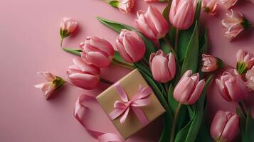 ai generiert Rosa Tulpen im Geschenk Box mit Rosa Luftschlangen foto
