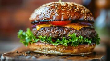 ai generiert klassisch Hamburger mit Käse, Kopfsalat, Tomate, und Zwiebel foto