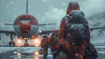 ai generiert männlich und weiblich Touristen Tragen Rucksäcke und Taschen eilen zu Tafel ein Passagier Ebene. auf ein Flughafen Runway zu Tafel ein Flugzeug im Schlecht Wetter mit ein schwer Schneesturm. foto