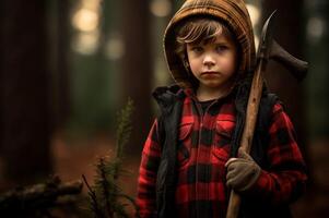 ai generiert abenteuerlich Holzfäller Kind Wald. generieren ai foto