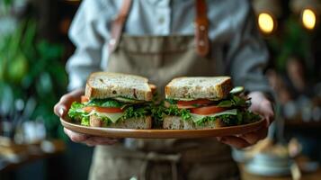 ai generiert Frau halten Teller mit Sandwich foto