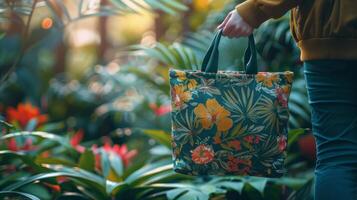 ai generiert Frau Tragen Blumen- Tasche im Garten foto