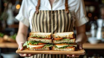 ai generiert Frau halten Teller mit Sandwich foto