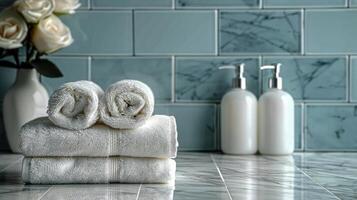 ai generiert ordentlich organisiert Badezimmer Zähler mit Handtücher und Seifen foto