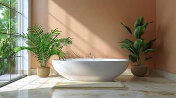 ai generiert Badezimmer mit groß Weiß Badewanne und Pflanze foto