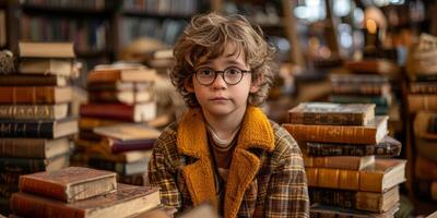 ai generiert neugierig jung Junge umgeben durch Bücher im Antiquität Bibliothek. Konzept von Neugier, Lernen, und literarisch Erkundung. foto