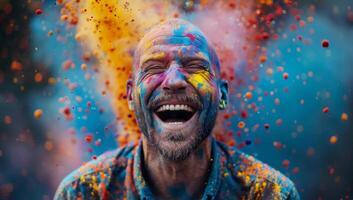 ai generiert Porträt von ein glücklich Senior Mann bedeckt im farbig Pulver. holi Festival. foto