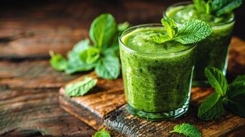 ai generiert zwei Brille von Grün Smoothie auf ein Schneiden Tafel foto