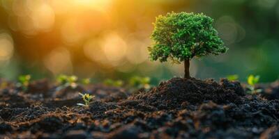 ai generiert beschwingt Baum Sämling sprießen von fruchtbar Boden, symbolisieren Wachstum und Umwelt Erneuerung. konzeptionelle Natur Szene von Neu Leben entstehenden von das Erde. foto