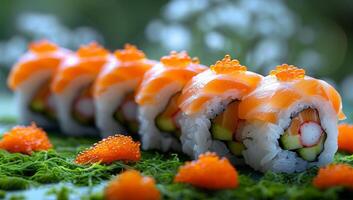 ai generiert Sushi Rollen geschmückt mit Lachs und Kaviar auf ein beschwingt Grün Oberfläche foto