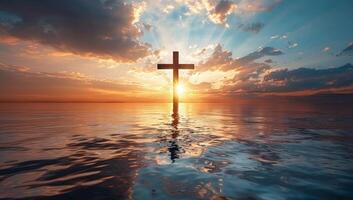 ai generiert Kreuz im Wasser beim Sonnenuntergang foto