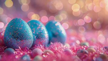 ai generiert drei bunt Ostern Eier auf glitzernd Boden foto