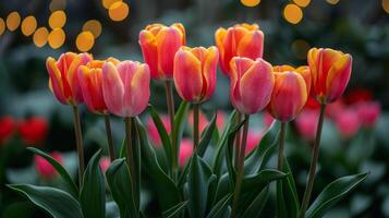 ai generiert Rosa und Gelb Tulpen im ein Garten foto