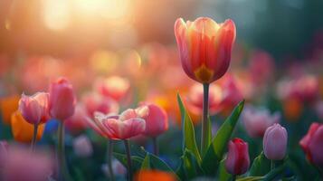 ai generiert Rosa und Gelb Tulpen im ein Garten foto