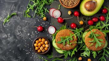 ai generiert Teller von Essen mit Avocado, Radieschen, Kichererbsen foto