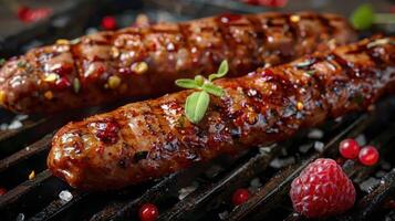 ai generiert gegrillt Würstchen auf Grill mit Cranberry Soße foto