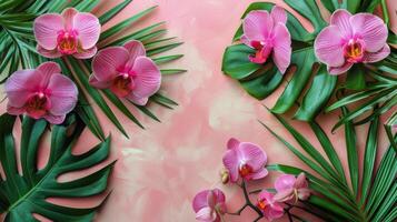 ai generiert Rosa Orchideen und Palme Blätter auf Rosa Hintergrund foto