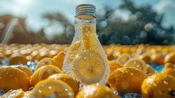 ai generiert Zitrone Wasser Flasche auf Stapel von Zitronen foto