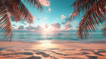 ai generiert Palme Bäume und Blau Wasser auf sandig Strand foto