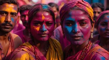 ai generiert unbekannt Menschen beim das holi Festival. Menschen mit Gesichter gemalt im beschwingt Farben während holi Feierlichkeiten. foto