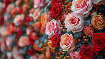 ai generiert Cluster von Blumen schmücken ein Mauer foto