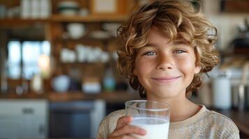 ai generiert jung Junge halten Glas von Milch foto