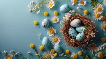 ai generiert Vögel Nest, Eier, und Gänseblümchen auf Blau Hintergrund foto