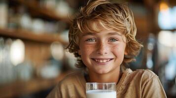 ai generiert wenig Junge halten Glas von Milch foto