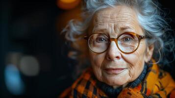 ai generiert Senior Frau mit Brille und rot Schal foto