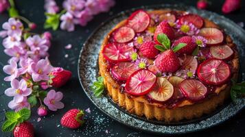 ai generiert Kuchen mit Himbeeren und Minze foto