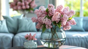 ai generiert lila Blumen im Vase auf Tabelle foto