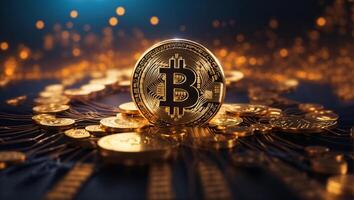 ai generiert Kryptowährung Bitcoin Digital Geld golden Münze Technologie Geschäft Konzept Kryptowährung Bitcoin foto