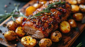 ai generiert hölzern Schneiden Tafel mit Fleisch und Kartoffeln foto