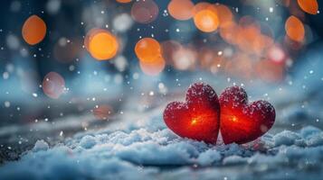 ai generiert zwei rot Herzen auf schneebedeckt Boden foto