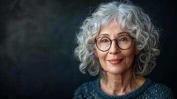 ai generiert Senior Frau mit Brille und rot Schal foto